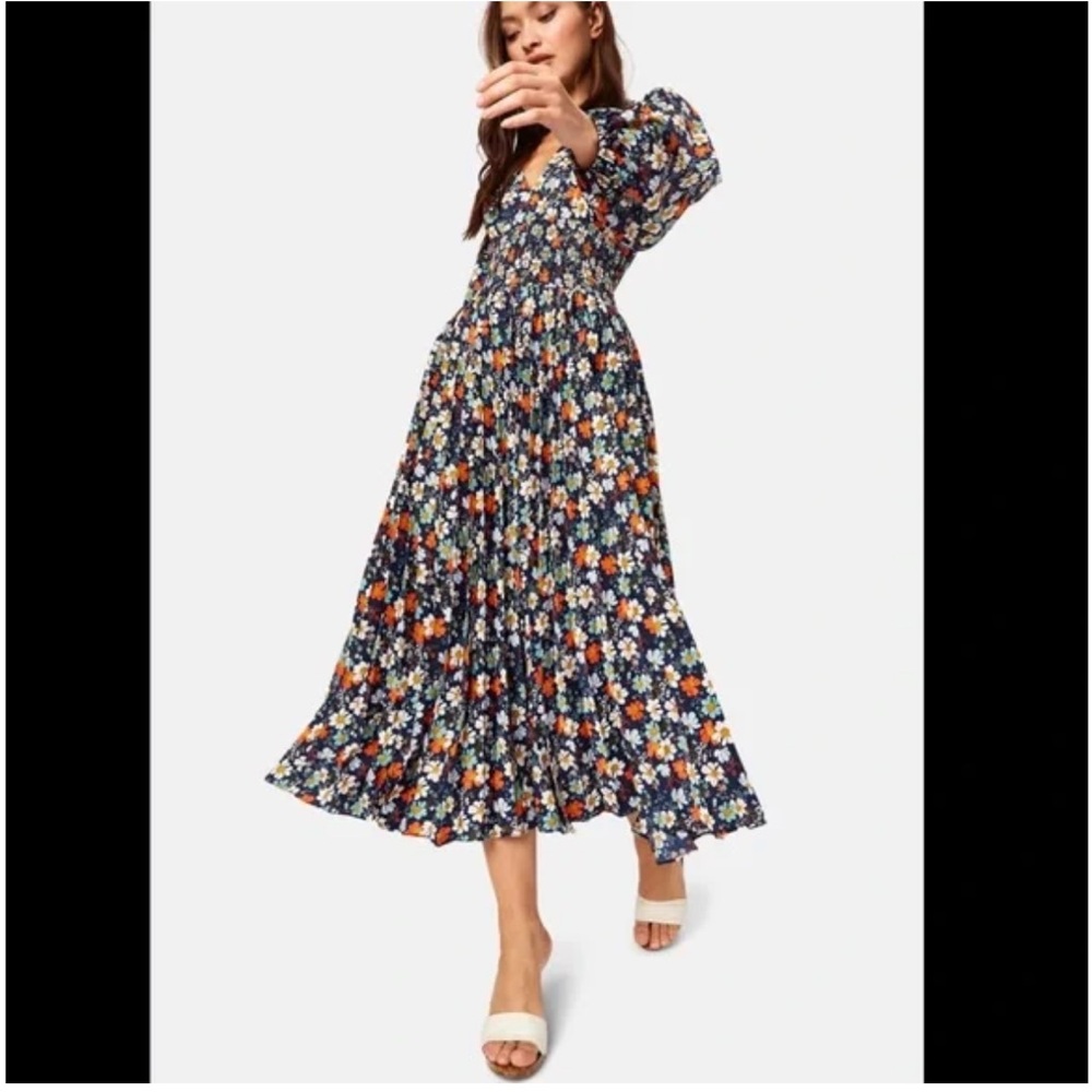 Traffic People Floral Smocked A-line Maxi/Midi Dress 
Blue and Orange Floral